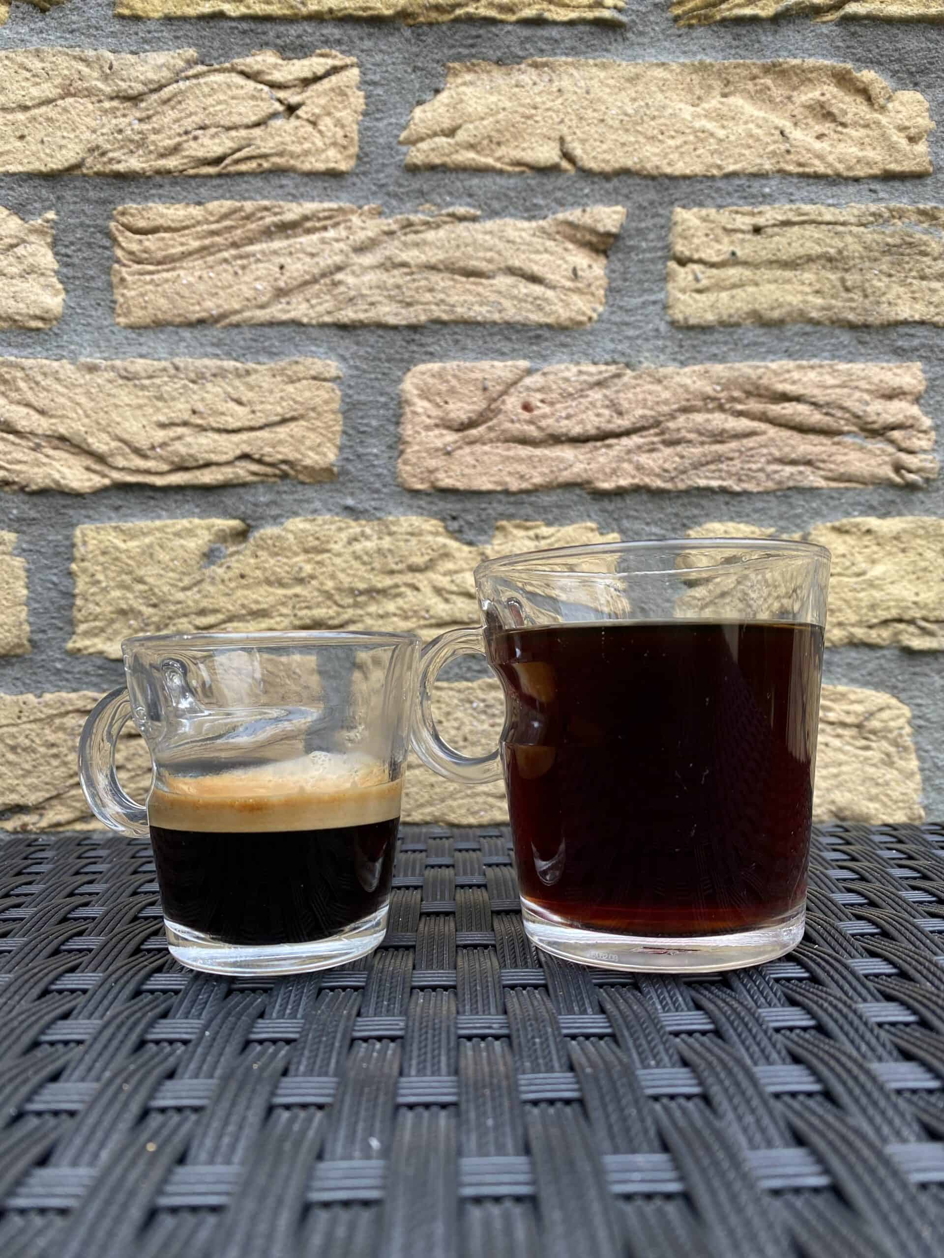 A side-by-side comparison between espresso and regular brewed coffee.