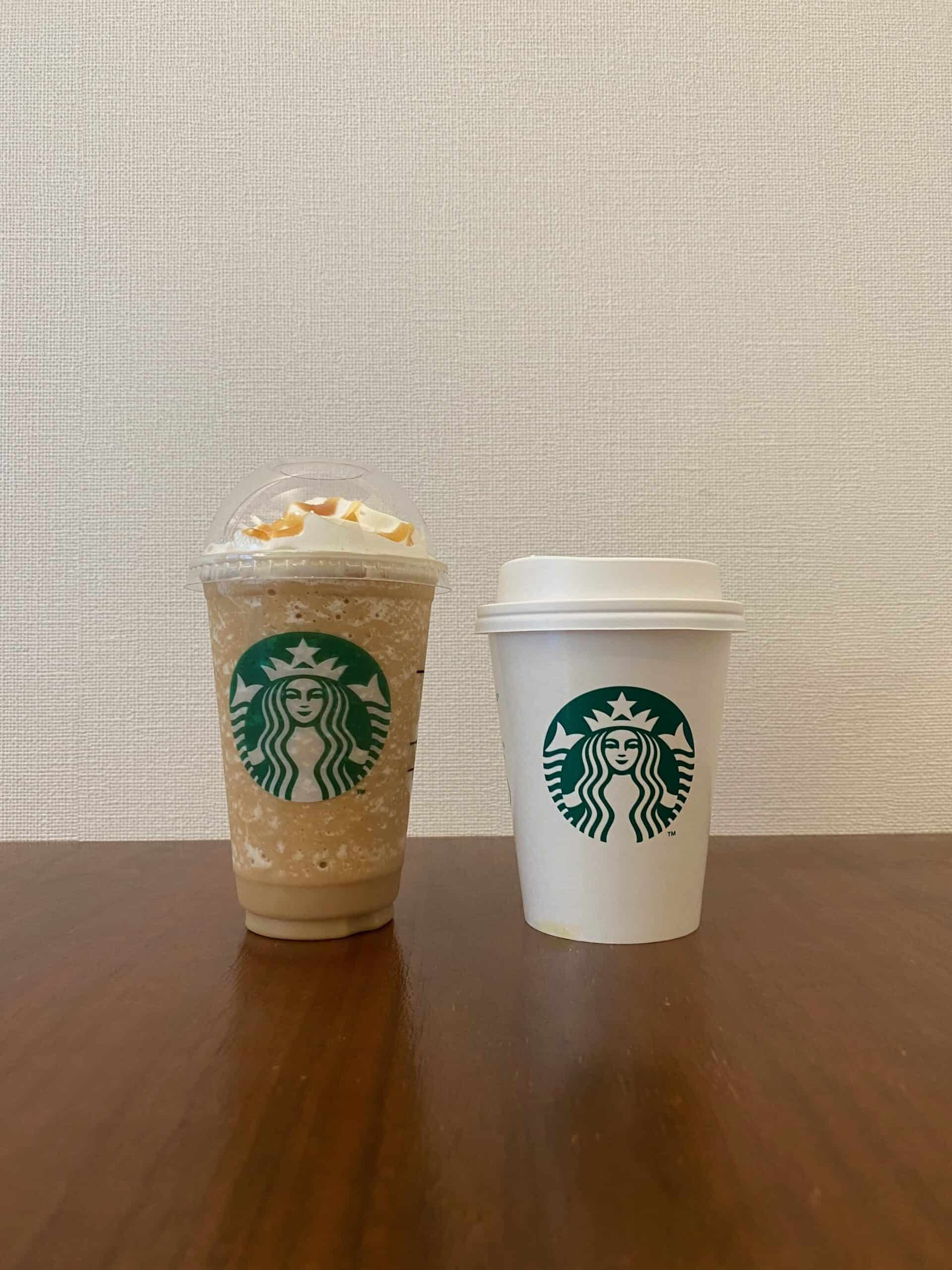 A side-by-side comparison between a Frappuccino and a latte.