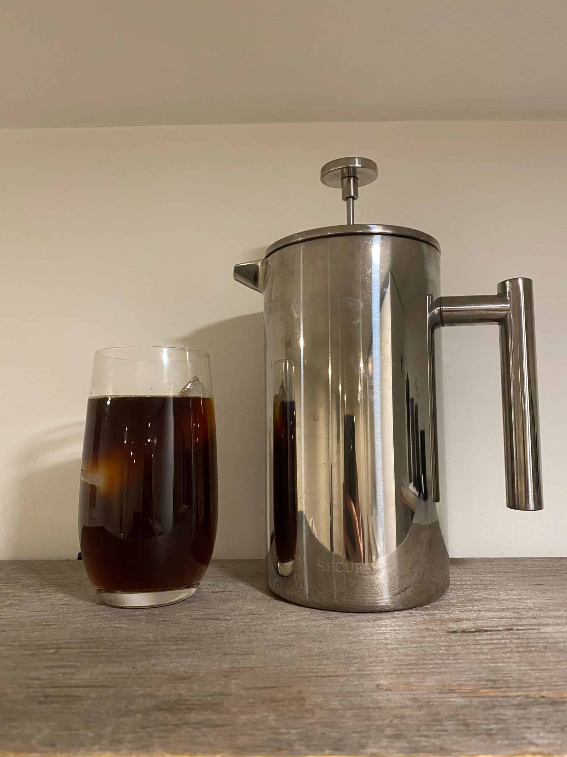 French press iced coffee, ready to drink.