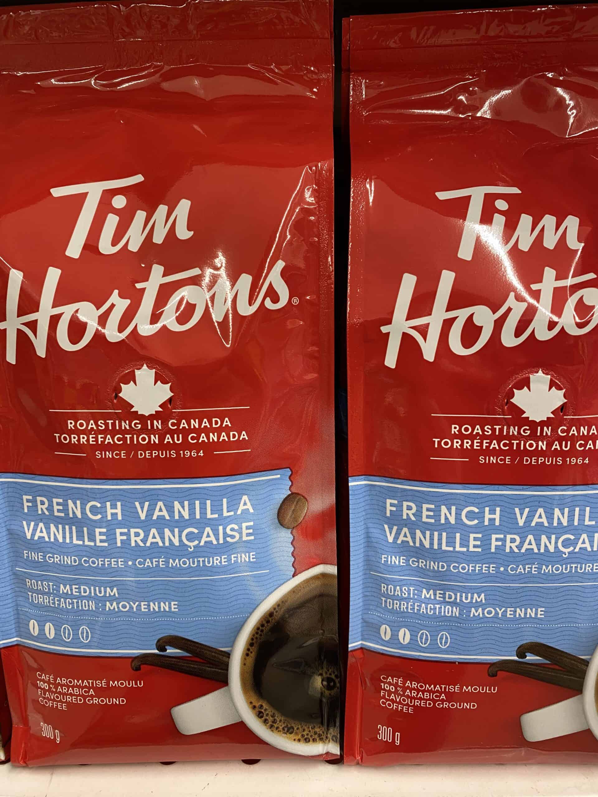 Tim Hortons French vanilla ground coffee bags.