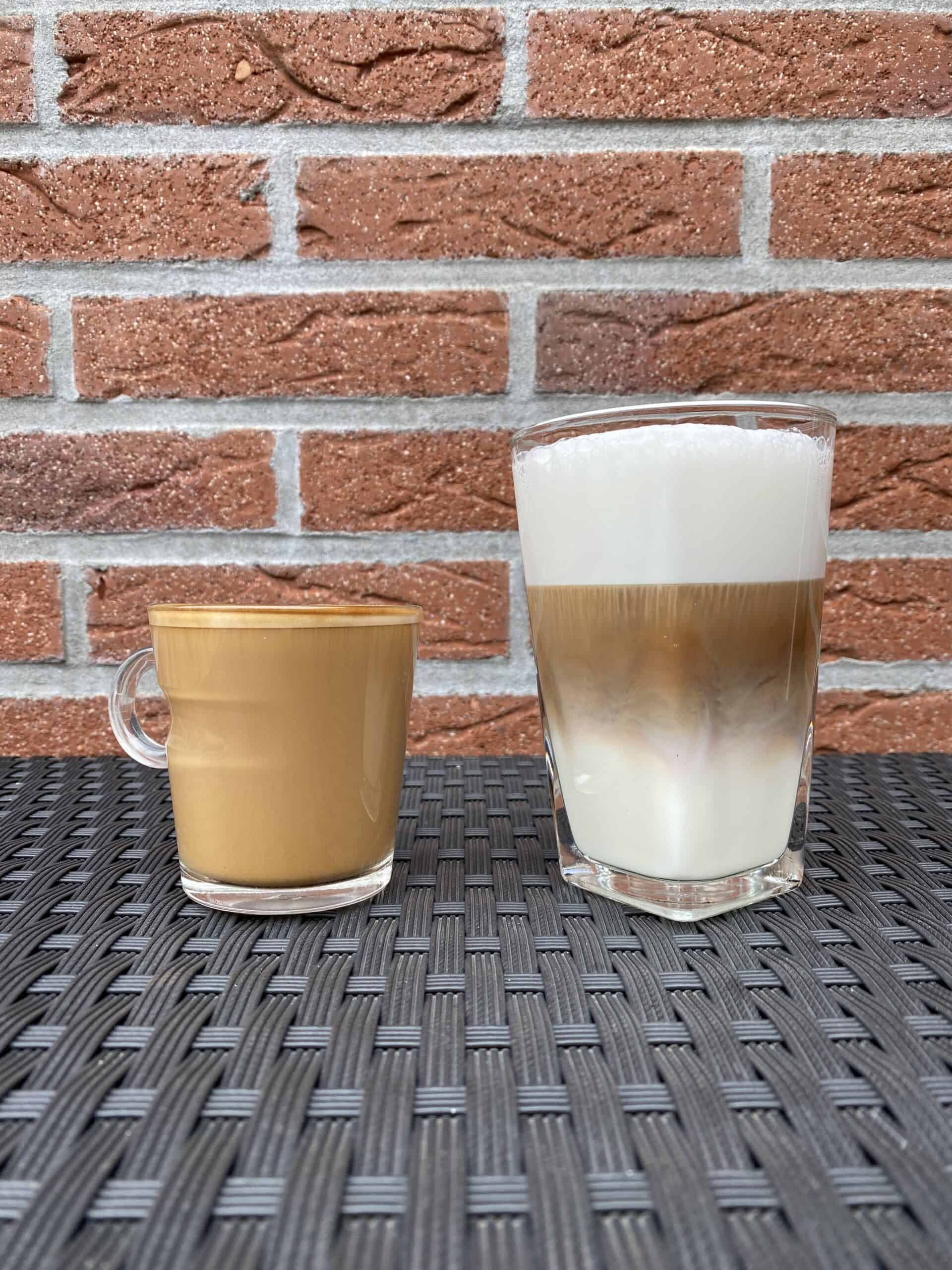 A side-by-side comparison between a flat white and a latte.