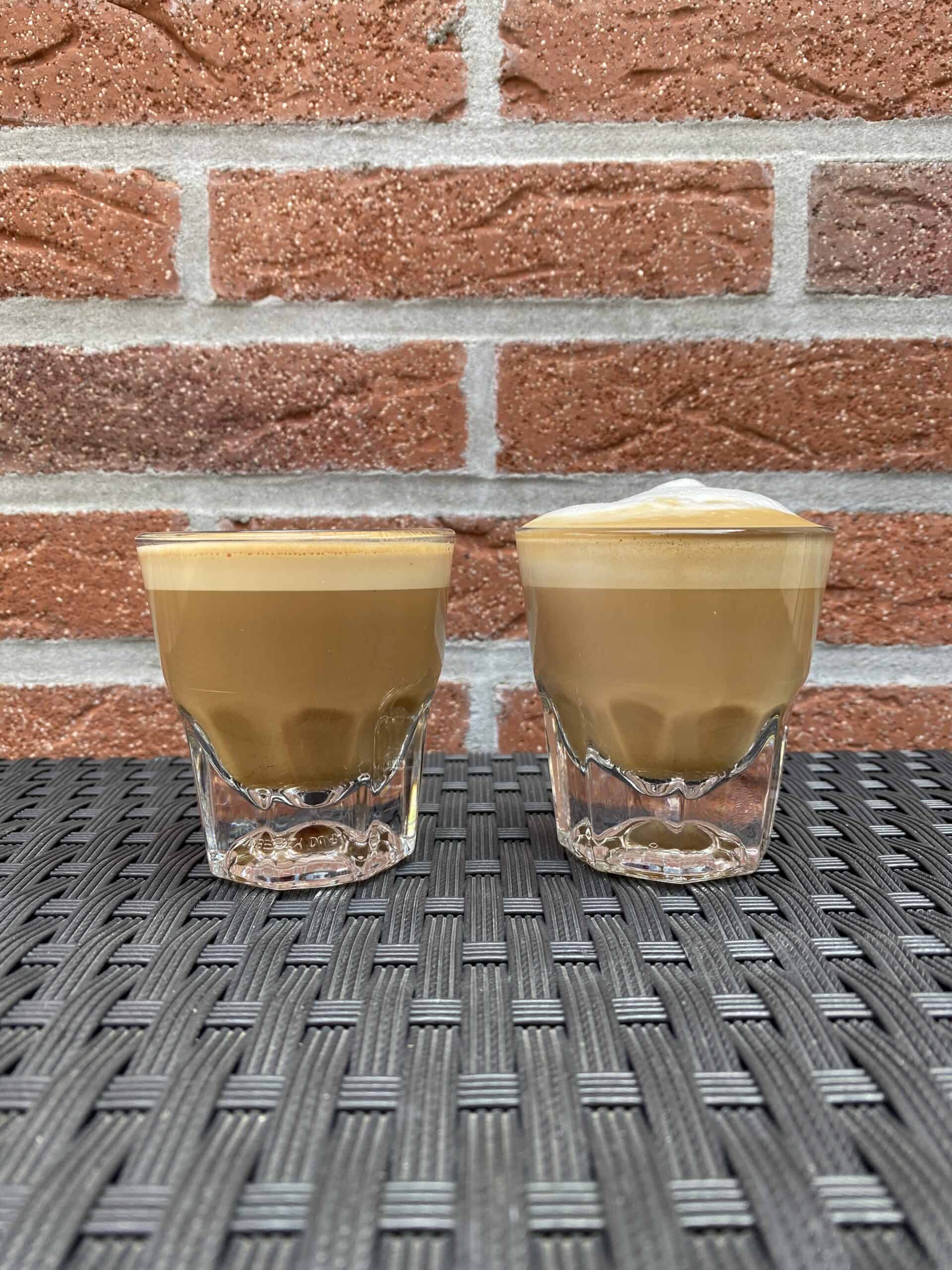 A side-by-side comparison between a cortado and piccolo coffee.