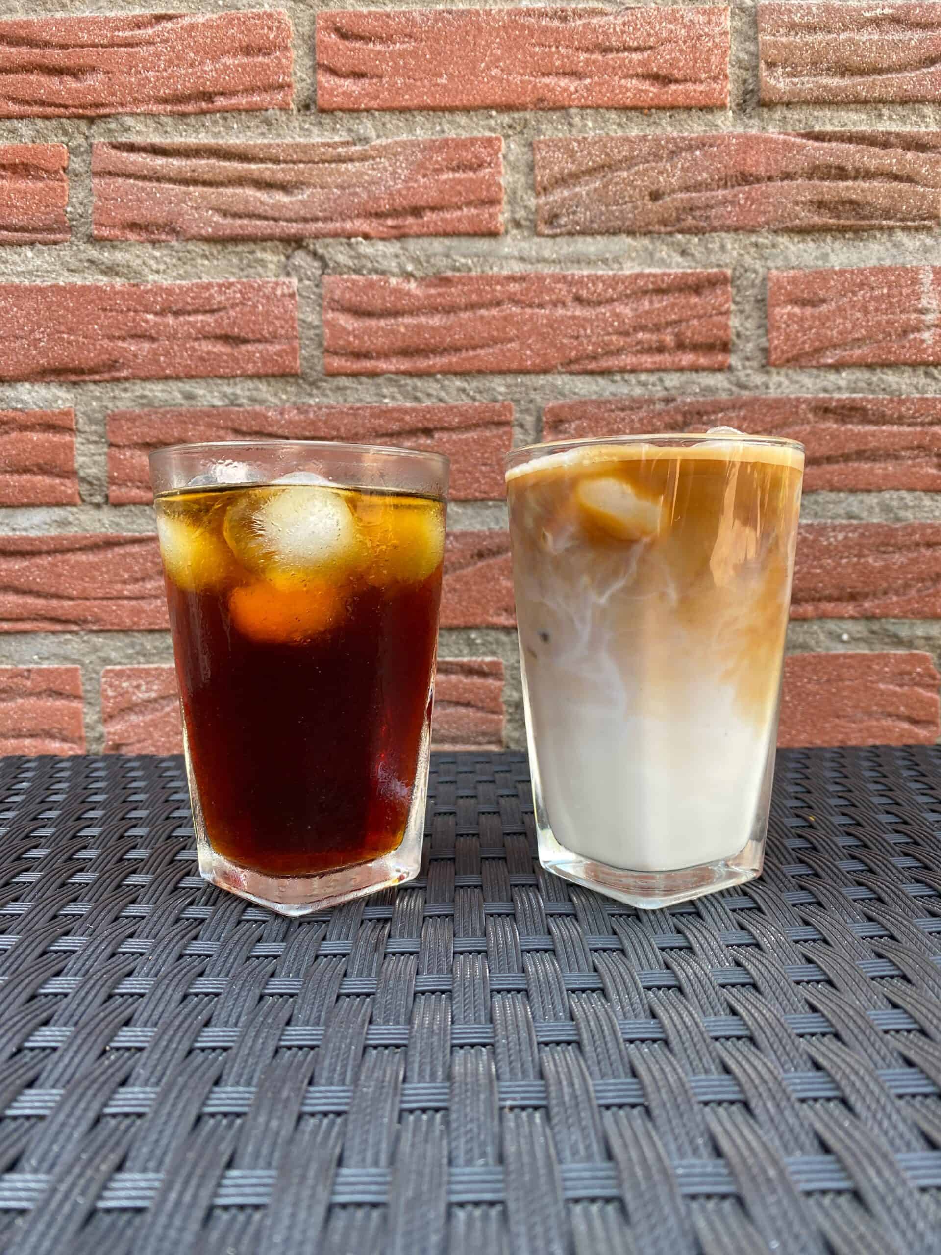 A side-by-side comparison between cold brew coffee and an iced latte.