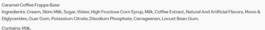 The ingredients list of the caramel coffee Frappe base of McDonald's.