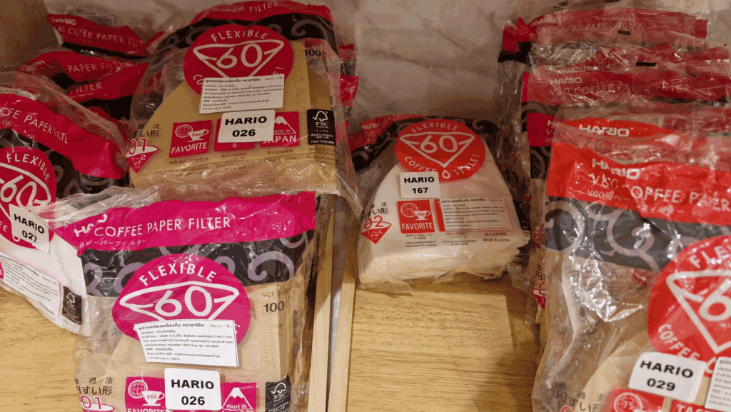 Hario V60 coffee filters in various sizes.